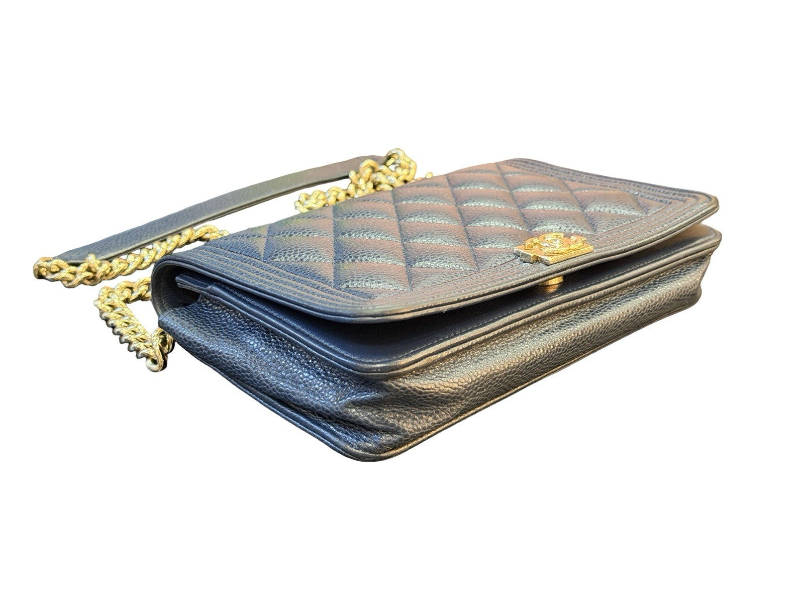 Chanel Boy Wallet on Chain (WOC) Caviar Leather Navy Blue Gold Hardware