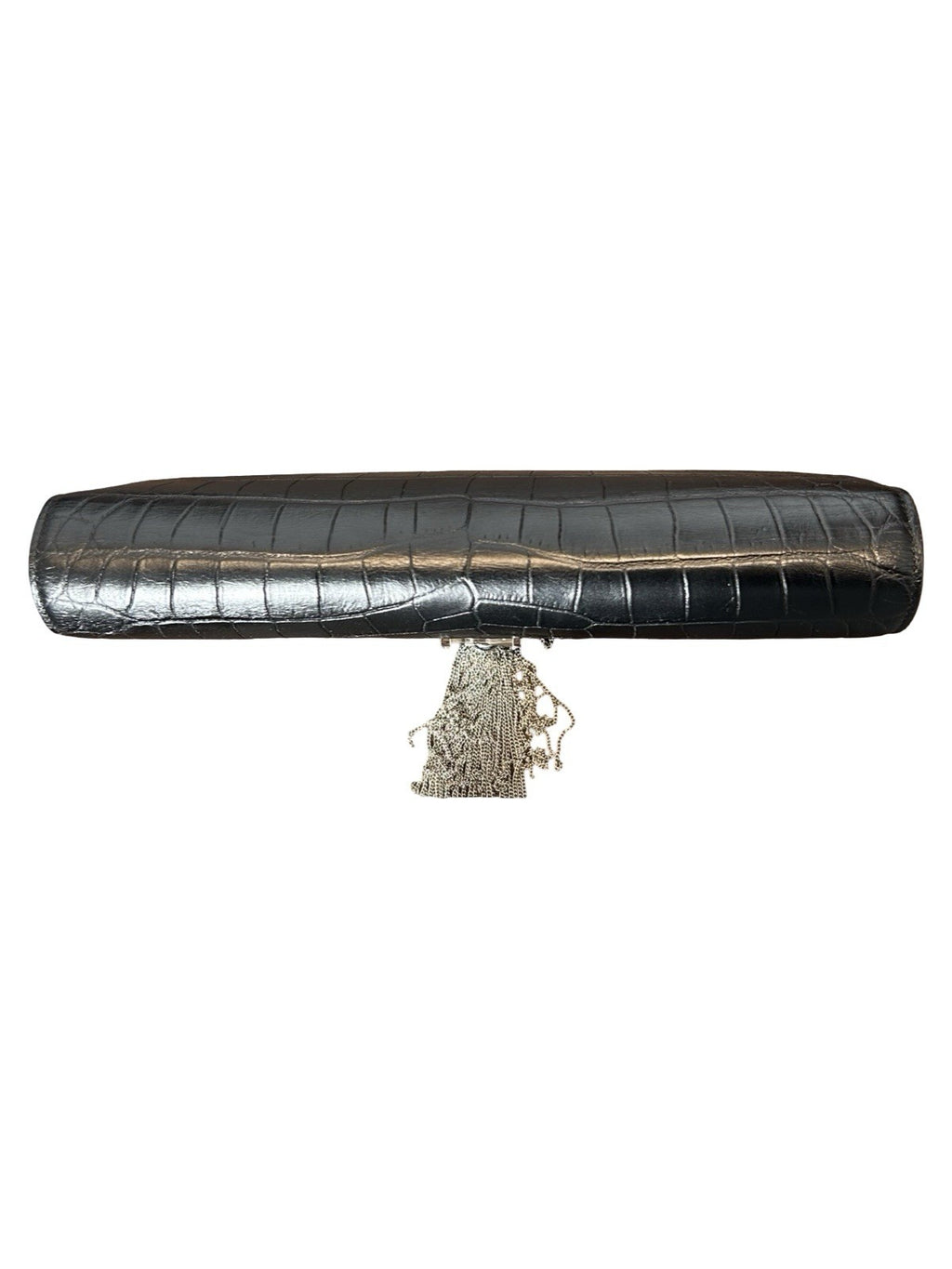 YSL Saint Laurent Calfskin Crocodile Embossed Monogram Tassel Clutch Kate Black