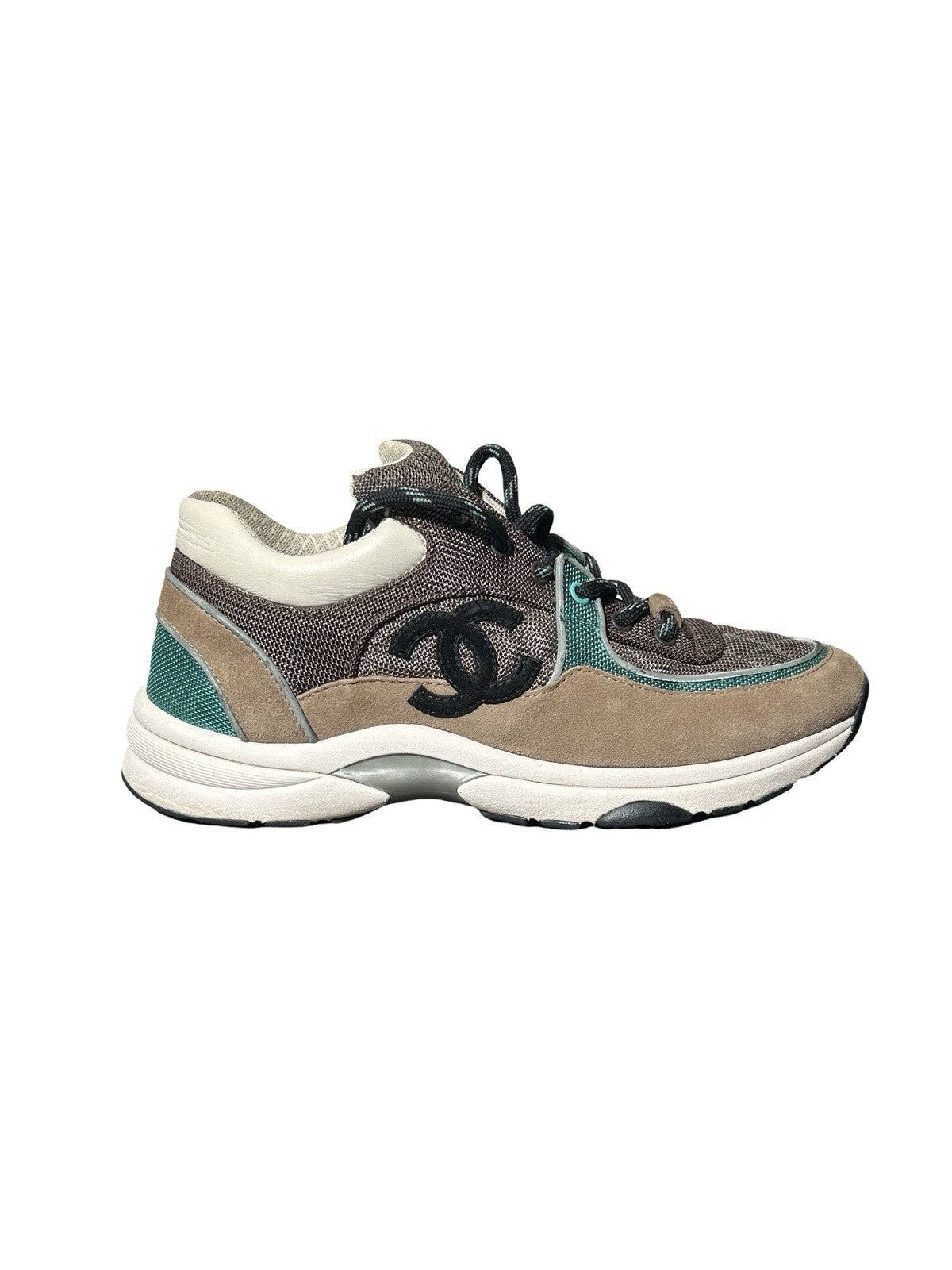 CHANEL Nylon Calfskin Suede Womens CC Sneakers 41 Brown Green