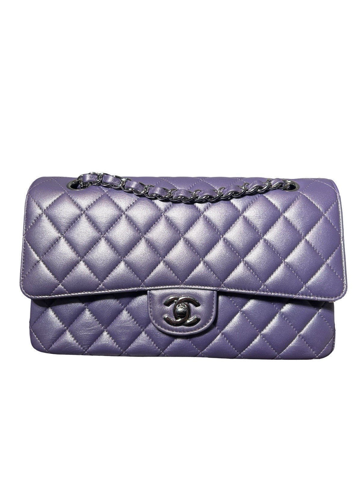 Chanel Metallic Quilted Lambskin Medium Double Flap Purple