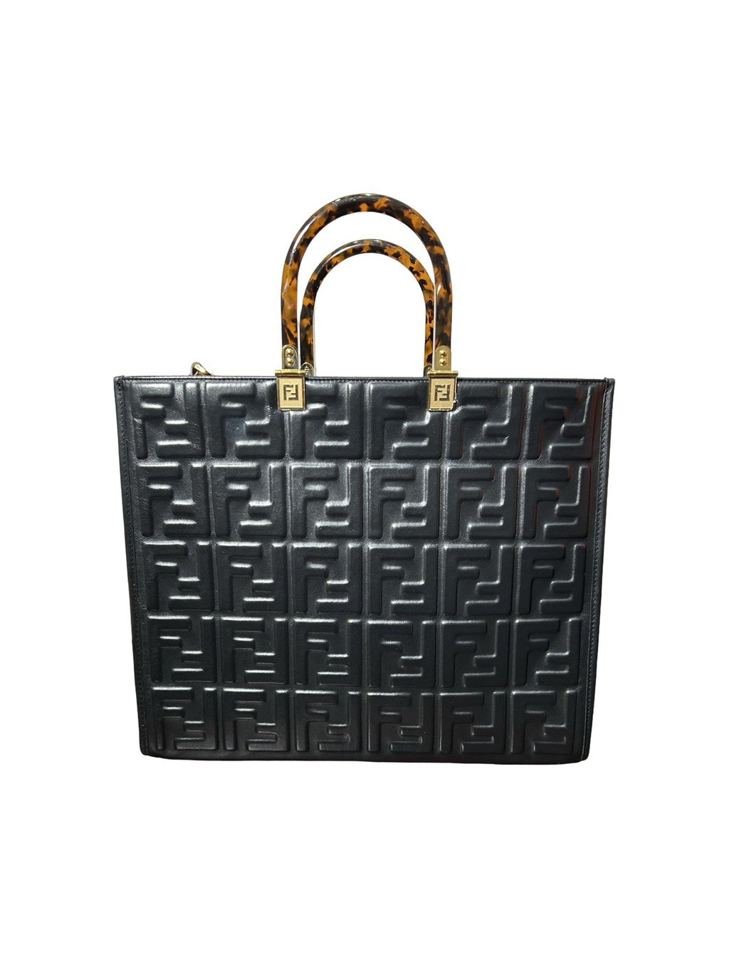 FENDI Vitello Plexiglass FF Embossed Medium Fendi Sunshine Shopper Tote Black