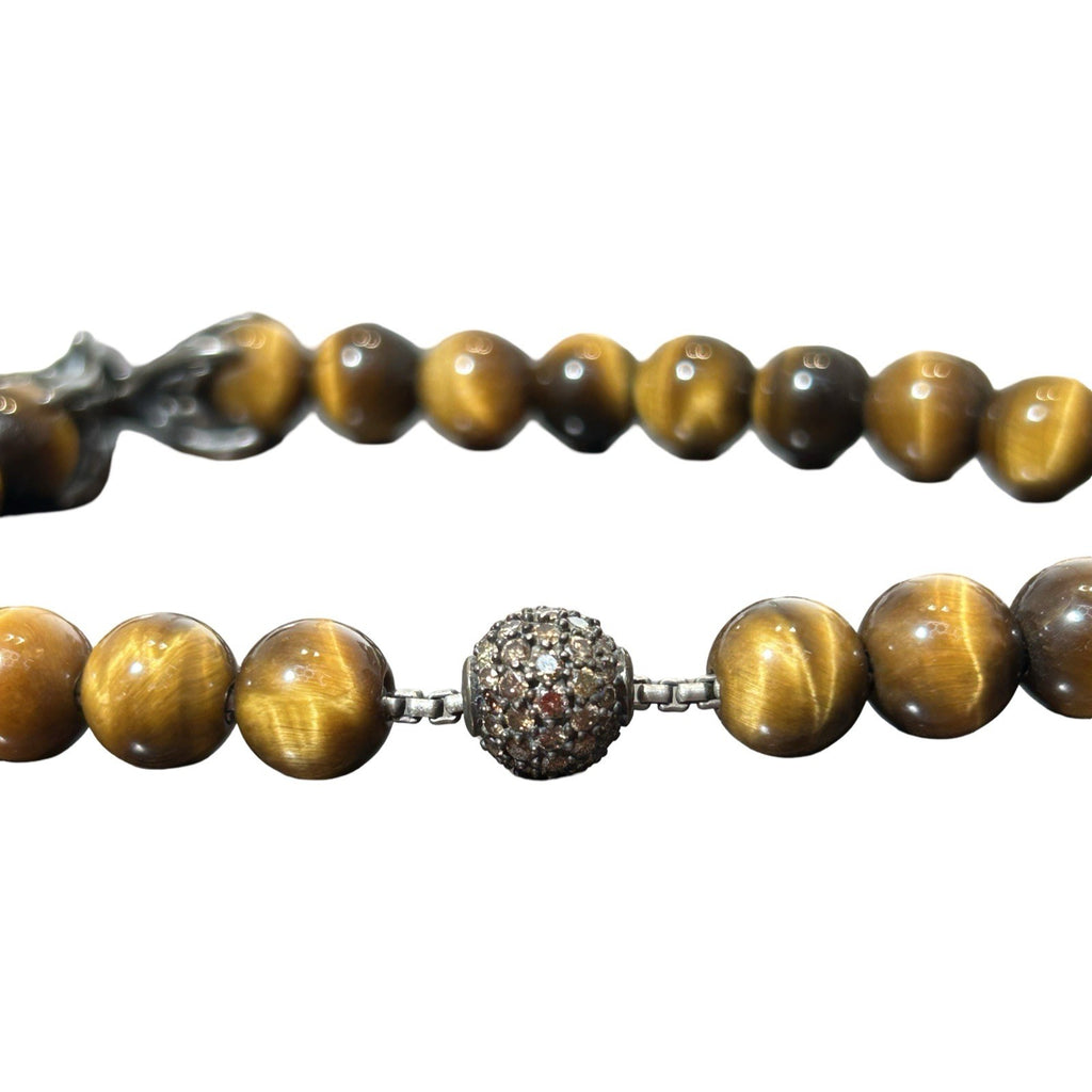 David Yurman Spiritual Bead Bracelet Tiger’s Eye Cognac Diamond Pavé Station 6mm