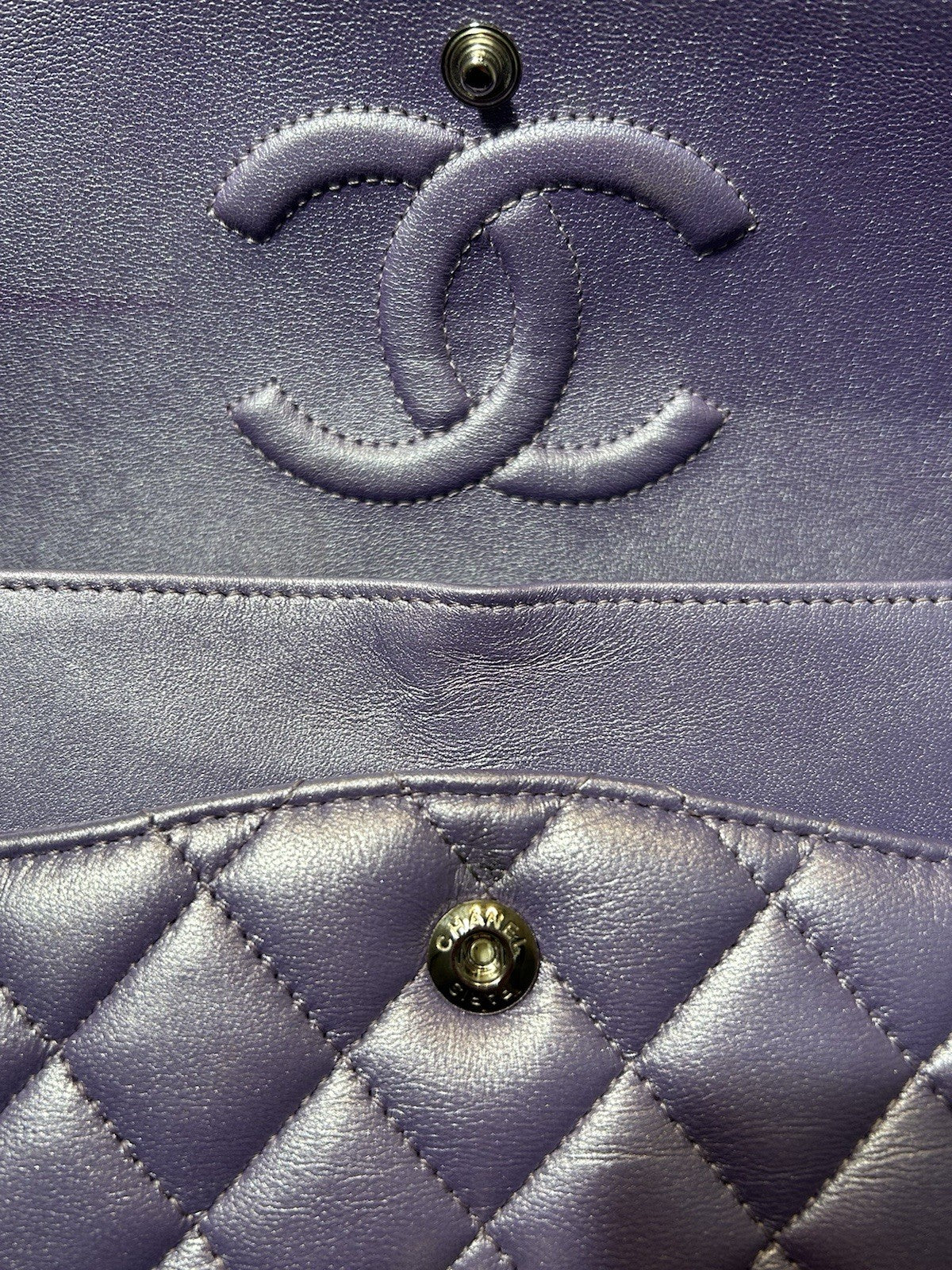 Chanel Metallic Quilted Lambskin Medium Double Flap Purple