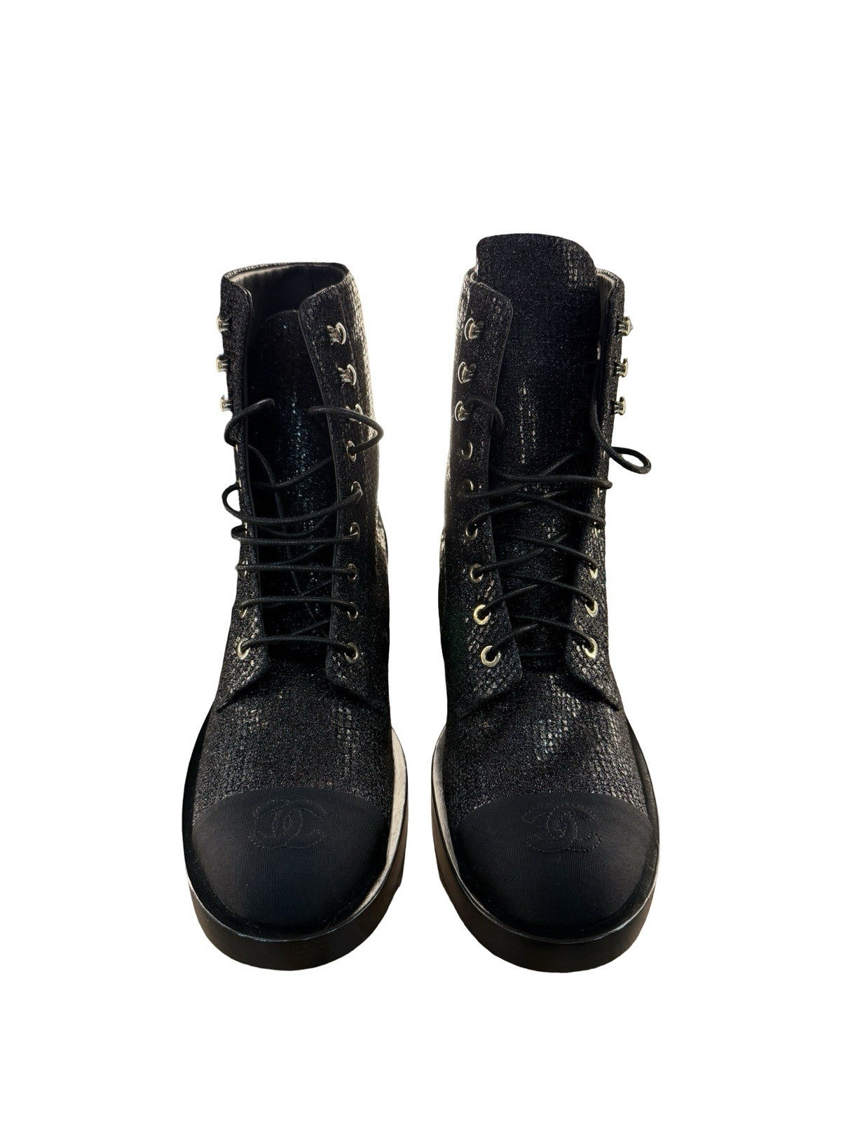 Chanel Women's CC Cap Toe Lace Up Combat Boots Fabric & Grosgrain Size 38 - US 8
