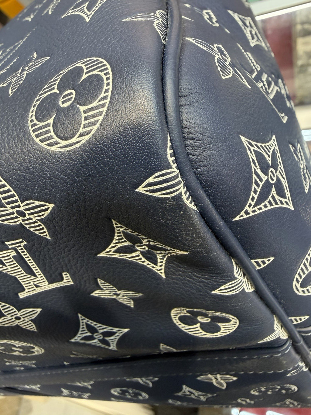 Louis Vuitton Calfskin Shadow Monogram Keepall Bandouliere 50 Ink Blue White