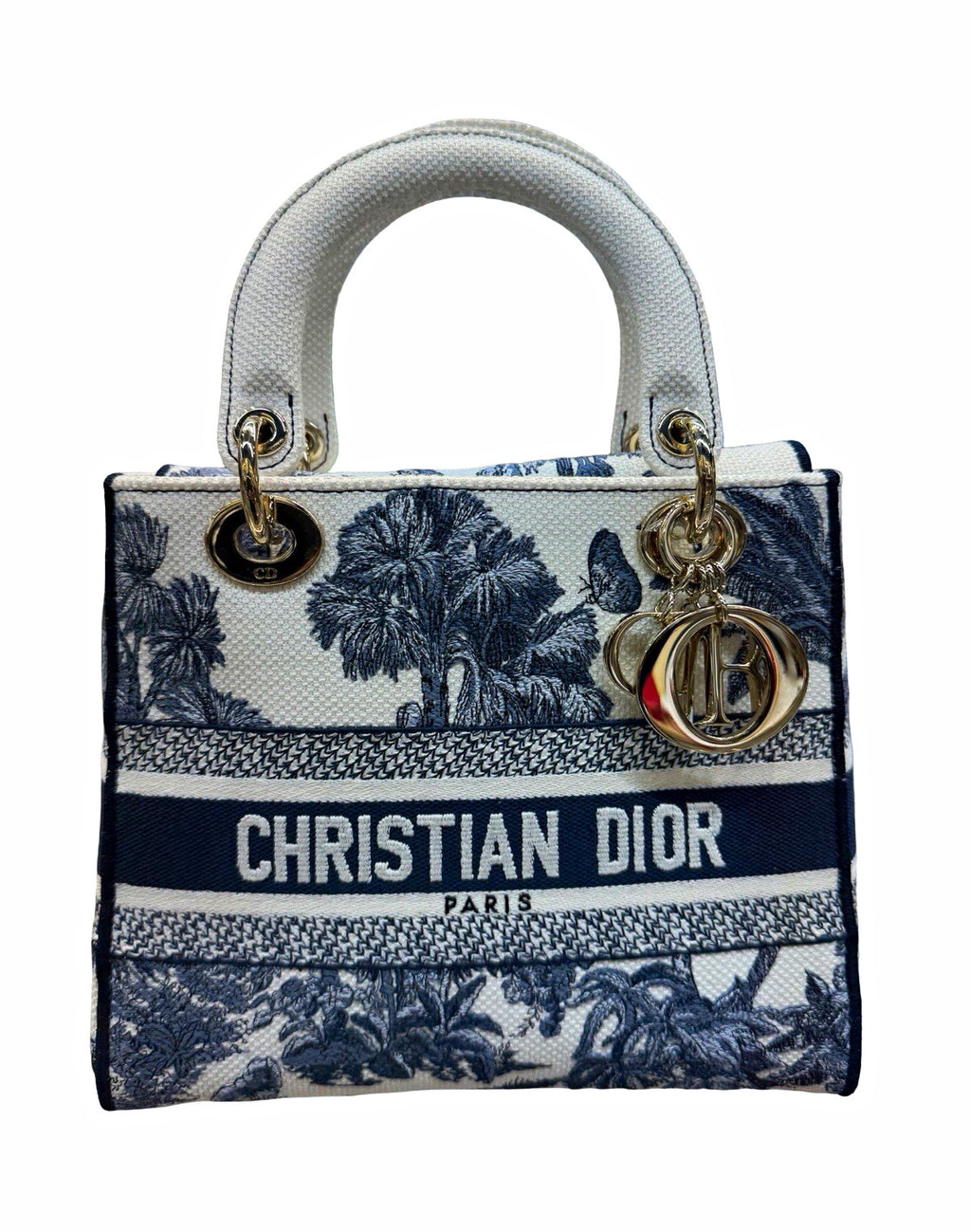 Dior Lady Dior Medium Blue/White Toile Jacquard Canvas Top Handle Bag w Strap