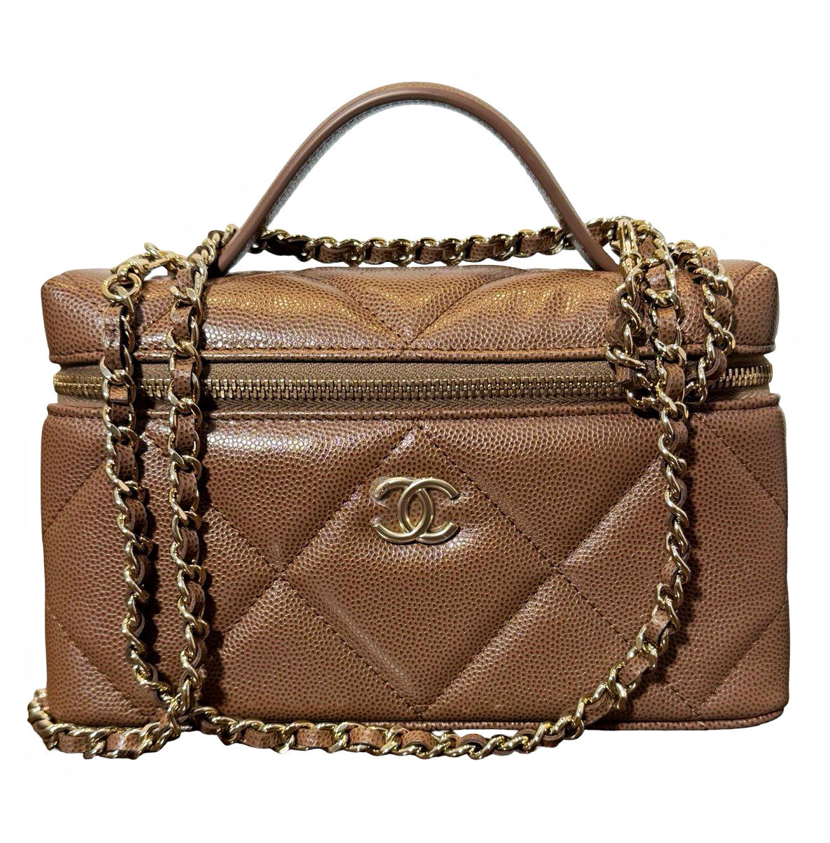 Chanel Quilted Top Handle Slim Vanity Case w/ Chain 