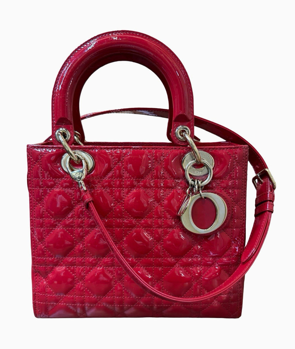 Christian Dior Red Canage Lady Dior Patent Leather Shoulder Bag